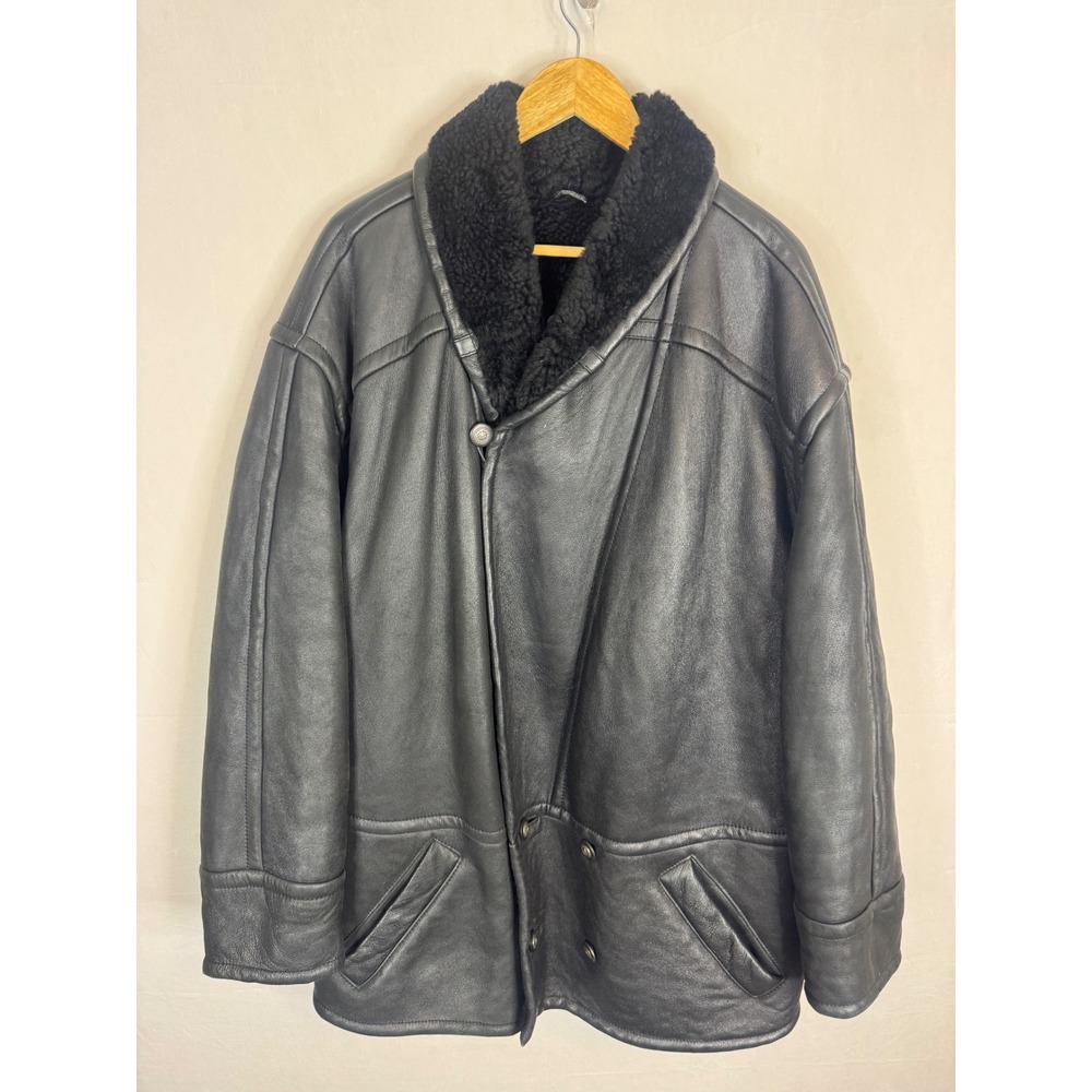 Vintage 80s Black Leather Genuine Shearling Coat Shawl Collar Lined Jacket Mens